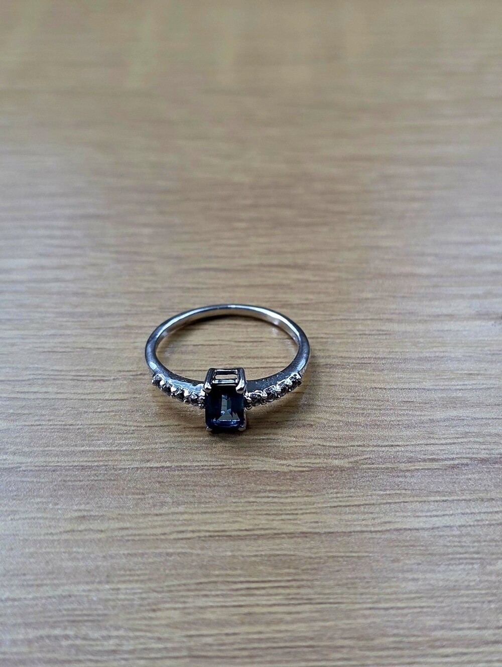 925 Blue Sapphire-Style Emerald Cut Sterling Ring with Side Accent Stones